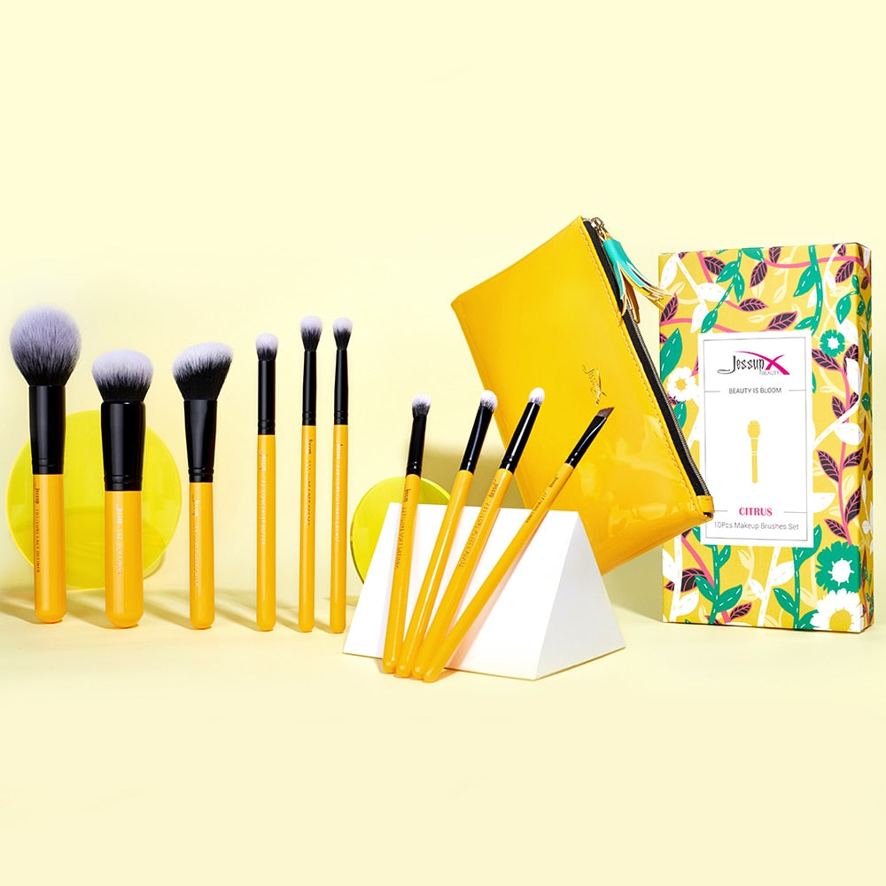 yellow makeup brushes with storage bag - Jessup Beauty UK